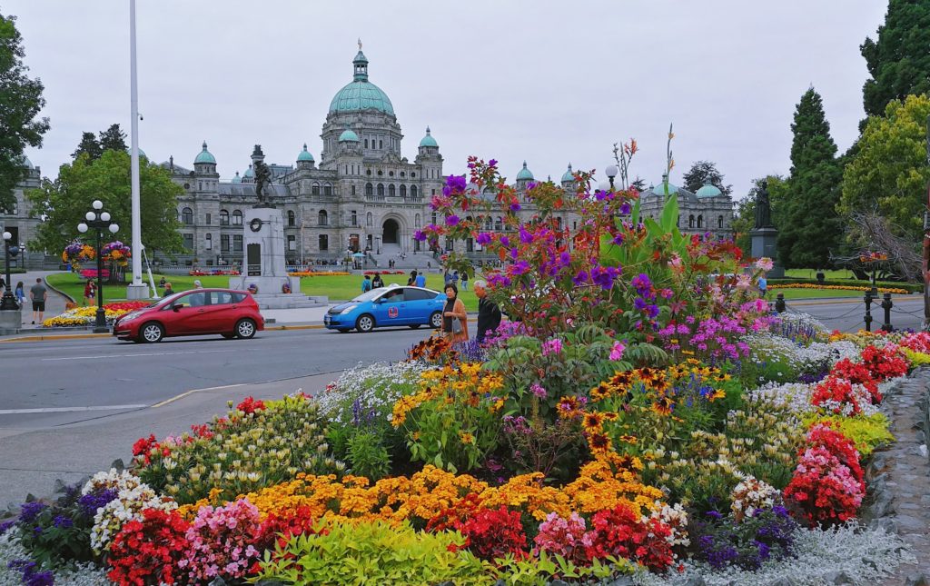 Victoria building with flowers on Vancouver Island