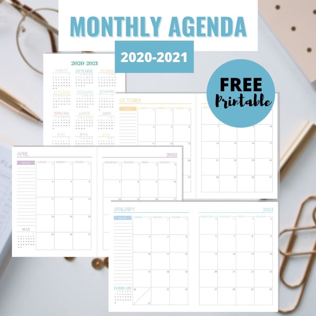 monthly agenda free printable 2020-2021